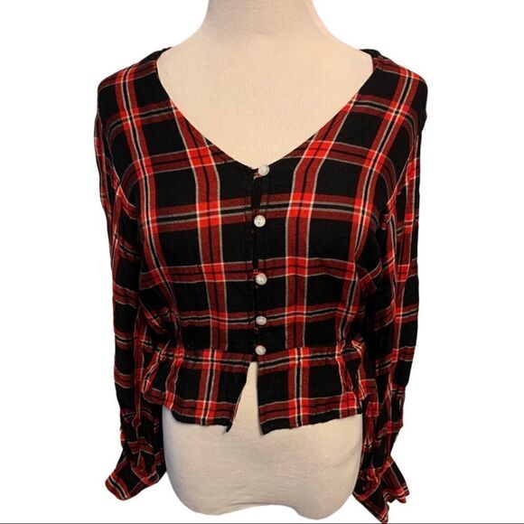 Sanctuary Jasper Red/Black Plaid Peplum Top Sz S - Picture 1 of 5